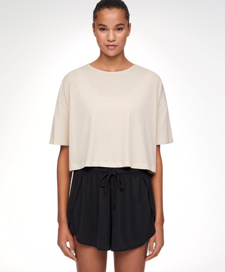 Oysho 100% Cotone Cropped Corta-sleeved T-shirt Ecru | 67014-RCWI