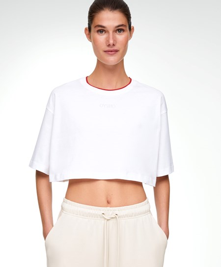 Oysho 100% Cotone Cropped Corta-sleeved Logo T-shirt Rosse | 72360-RTCL