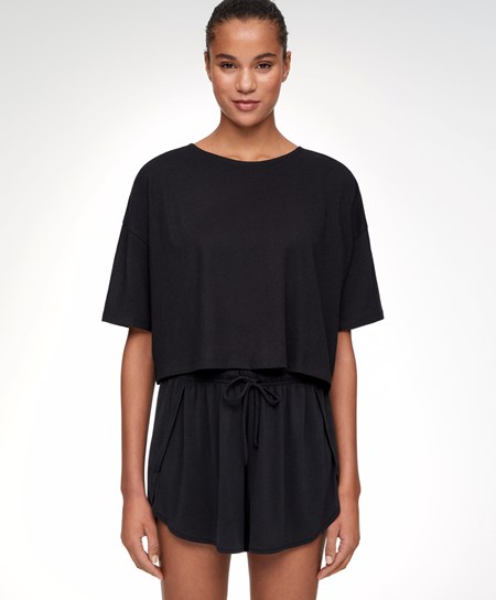 Oysho 100% Cotone Cropped Corta-sleeved T-shirt Nere | 73802-EVIM