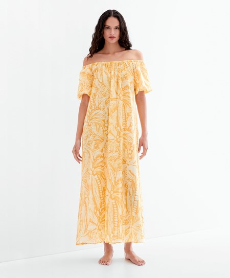 Oysho 100% Cotone Off Shoulder Vestito Gialle | 97186-PYIO