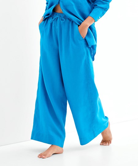Oysho 100% Linen Larghe Dritto-leg Trousers Turquoise-blue | 15364-NPDF