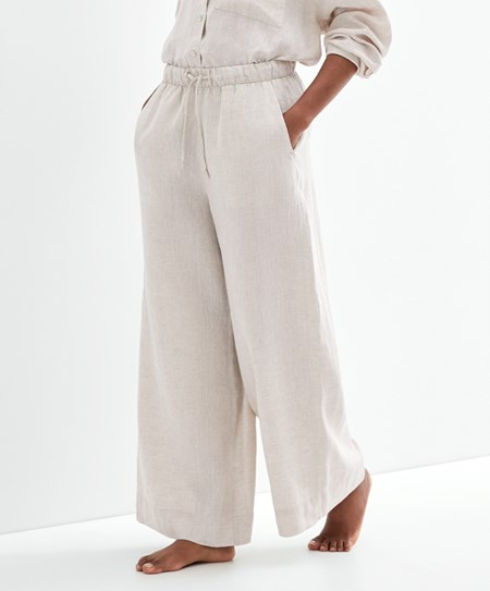 Oysho 100% Linen Larghe Dritto-leg Trousers Sabbia | 17945-UWPB