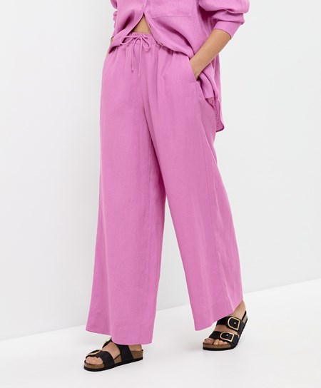 Oysho 100% Linen Larghe Dritto-leg Trousers Rosa | 21064-DPYI