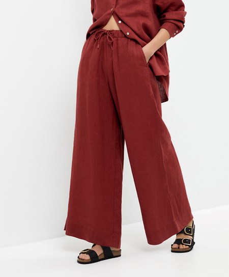 Oysho 100% Linen Larghe Dritto-leg Trousers Marroni | 29615-RLOJ