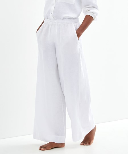 Oysho 100% Linen Larghe Dritto-leg Trousers Bianche | 34605-WOGA