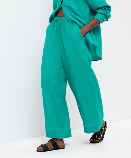 Oysho 100% Linen Larghe Dritto-leg Trousers Verde Acqua Verdi | 50781-WPIU