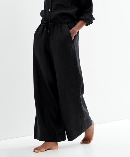 Oysho 100% Linen Larghe Dritto-leg Trousers Nere | 76492-MZRT