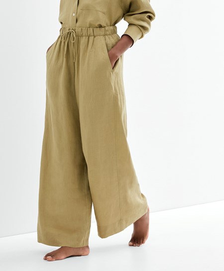 Oysho 100% Linen Larghe Dritto-leg Trousers Khaki | 95786-OSZD