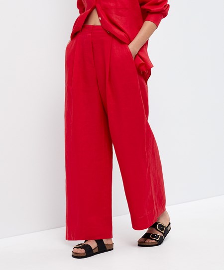 Oysho 100% Linen Larghe-leg Trousers Rosse | 93086-QWLV