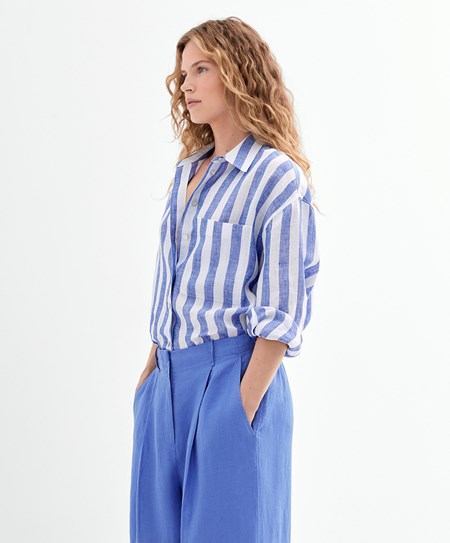 Oysho 100% Linen Long-sleeved Shirt Cobalt | 57491-QFEL