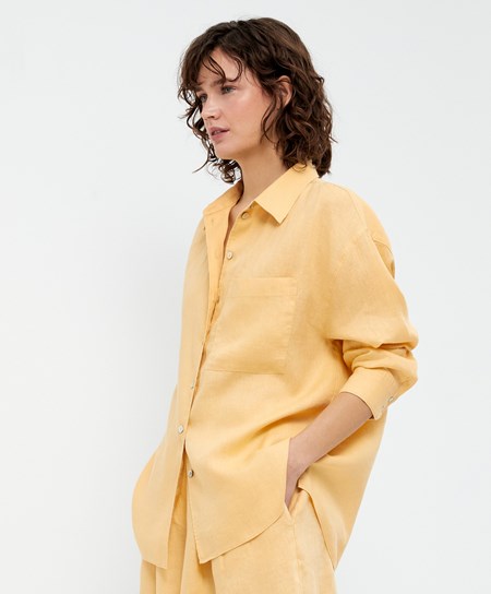 Oysho 100% Linen Long-sleeved Shirt Gialle | 92673-TIGM