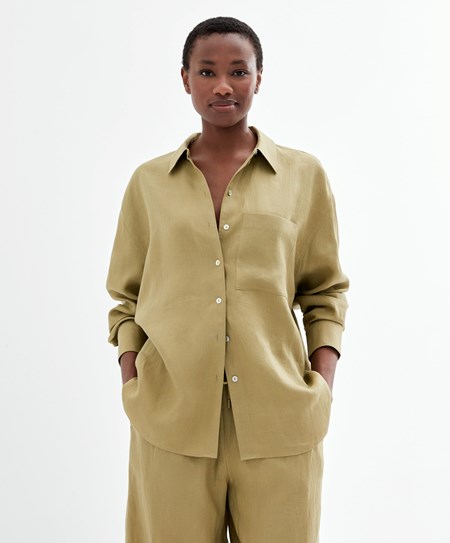 Oysho 100% Linen Long-sleeved Shirt Khaki | 90841-GOQB