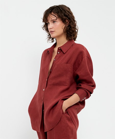 Oysho 100% Linen Long-sleeved Shirt Marroni | 47251-UTRH