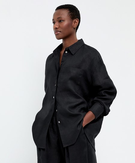 Oysho 100% Linen Long-sleeved Shirt Nere | 42015-EZMS