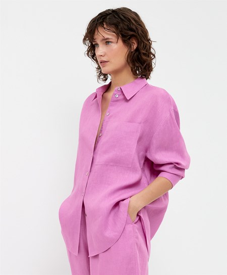 Oysho 100% Linen Long-sleeved Shirt Rosa | 37182-PNOM