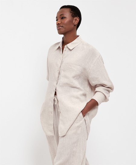 Oysho 100% Linen Long-sleeved Shirt Sabbia | 80235-FDGV