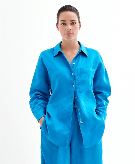 Oysho 100% Linen Long-sleeved Shirt Turquoise-blue | 97351-VEZA