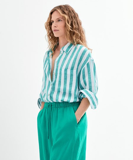 Oysho 100% Linen Long-sleeved Shirt Verde Acqua | 16342-FVOG