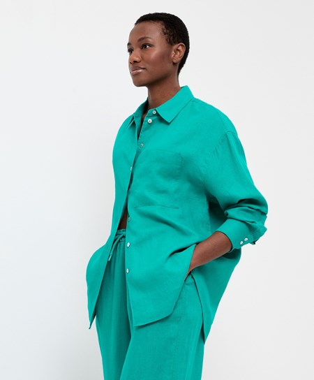 Oysho 100% Linen Long-sleeved Shirt Verde Acqua Verdi | 64832-VQJZ