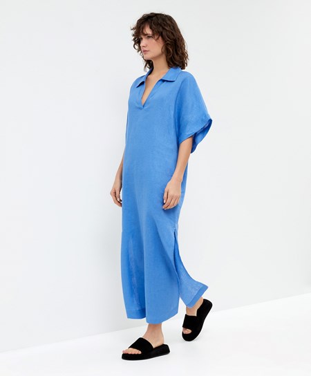 Oysho 100% Linen Polo Collar Tunic Vestito Blu | 06194-UPHS