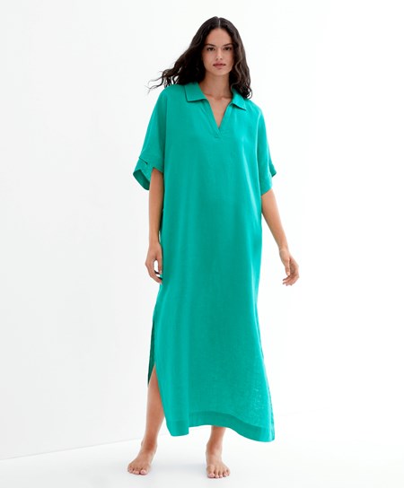 Oysho 100% Linen Polo Collar Tunic Vestito Verde Acqua Verdi | 32081-VSIQ