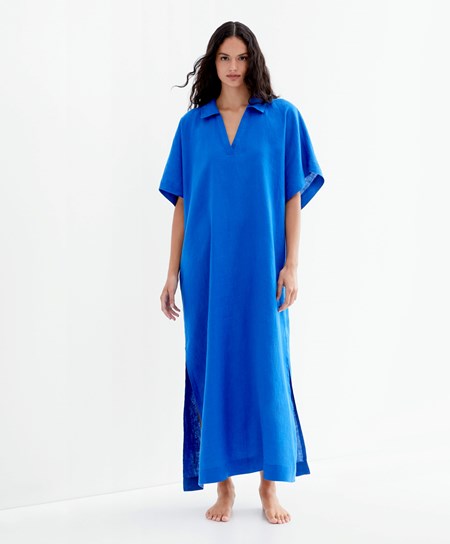 Oysho 100% Linen Polo Collar Tunic Vestito Blu | 79483-OIKX