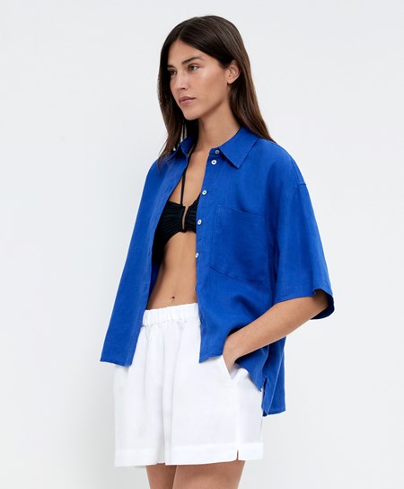 Oysho 100% Linen Shirt Blu | 17053-WCXM