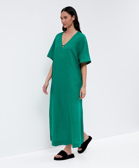 Oysho 100% Linen Tunic Vestito Verdi | 12364-OIPK
