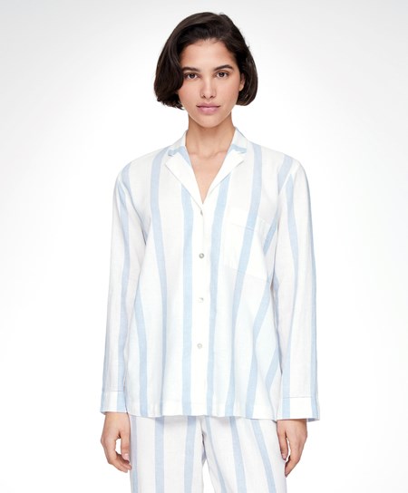 Oysho A Strisce Linen Long-sleeved Shirt Pale Ecru | 08143-WFEC