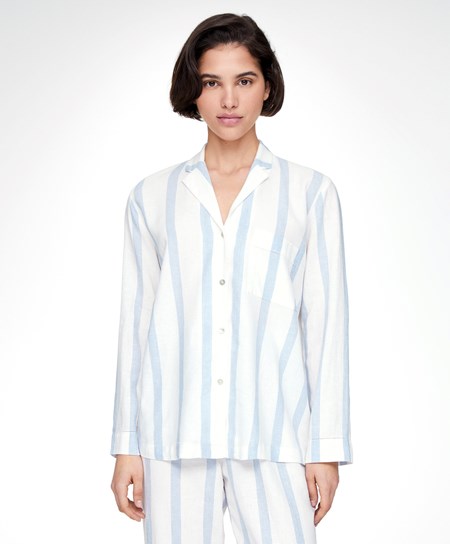 Oysho A Strisce Linen Long-sleeved Shirt Pale Ecru | 82503-NOMZ