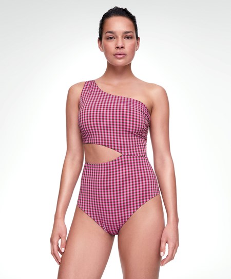 Oysho Asymmetric Gingham Trikini Rosse | 94610-VIRG