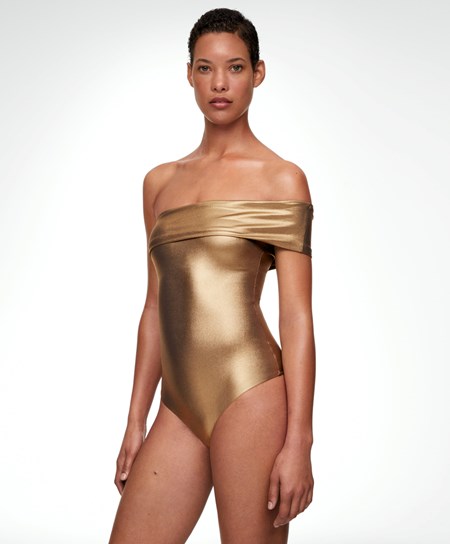 Oysho Asymmetrical Bandeau Swimsuit Oro | 08421-UERY