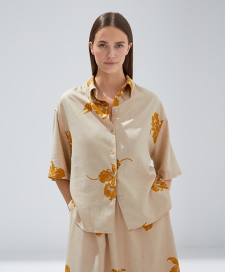 Oysho Bead Embroidery Corta-sleeved Linen Shirt Sabbia | 71329-XOLA