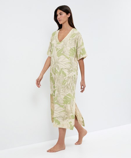 Oysho Beaded Embroidery Linen Midi Tunic Pale Pistachio | 48130-FMWH