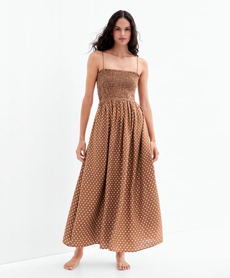 Oysho Cinturino Ruched Polka Dot Vestito Caramel | 67182-NEQZ