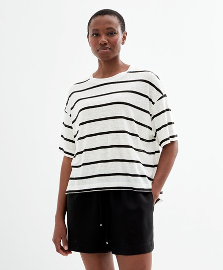 Oysho Corta-sleeved Linen Stripe T-shirt Nere | 82935-WTPR