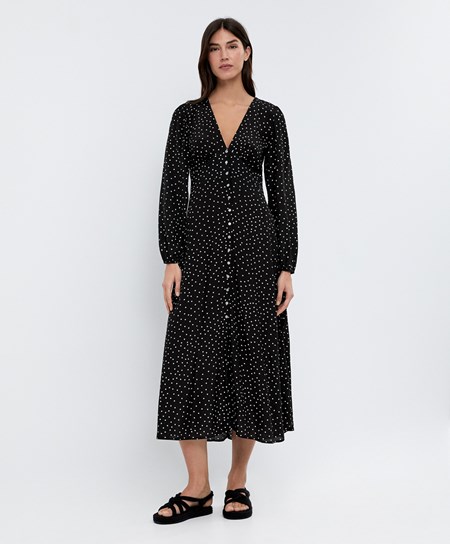 Oysho Dotted Long-sleeved Long Vestito Nere | 04513-KEHD