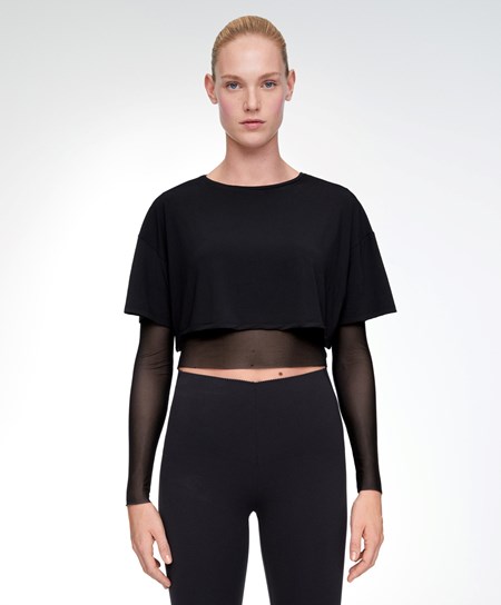 Oysho Double Mesh Top Nere | 49315-AXFQ