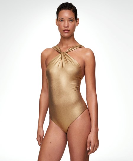 Oysho Draped Halter Swimsuit Oro | 65083-AQNB