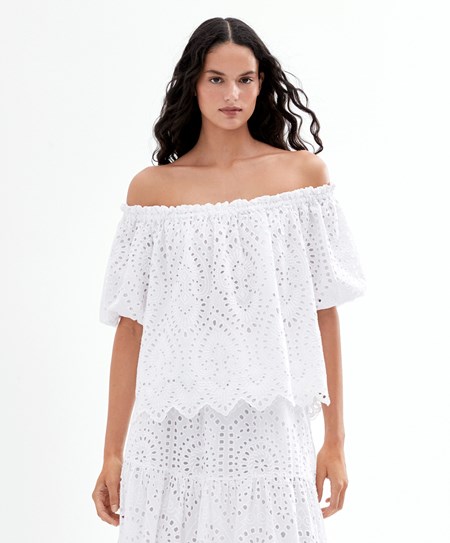 Oysho Embroidered 100% Cotone Off-shoulder Top Bianche | 42753-UIHE