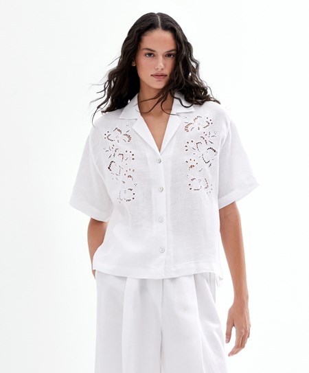 Oysho Embroidered 100% Linen Corta-sleeved Shirt Bianche | 09751-ICXF