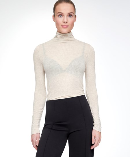 Oysho Extra-fine Long-sleeved T-shirt With High Neck Sabbia | 01837-QZCA