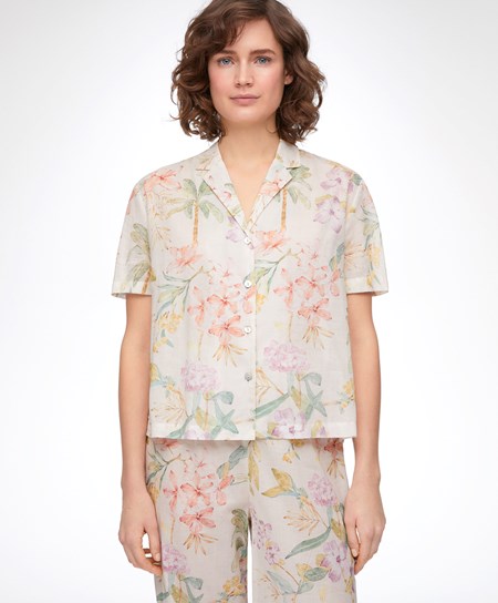 Oysho Floral 100% Cotone Corta-sleeved Shirt Vanilla | 83792-TIKR