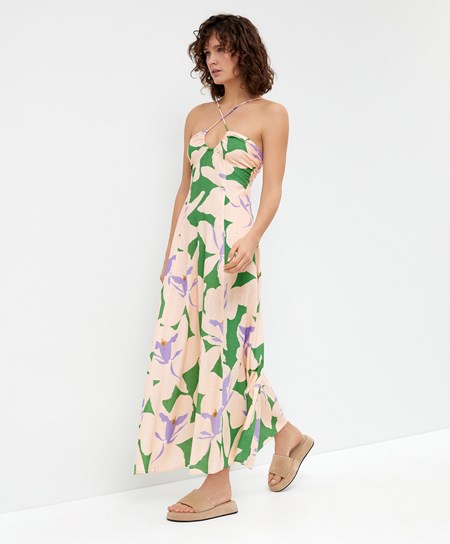 Oysho Floral Linen Cinturino Long Vestito Verdi | 53279-QFJM
