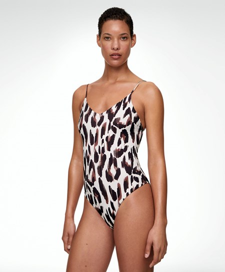 Oysho Leopard Print V-neck Swimsuit Ecru | 29376-GNLQ