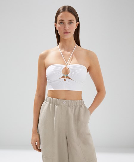 Oysho Linen Cinturino Top With Stone Details Bianche | 14059-HWMZ