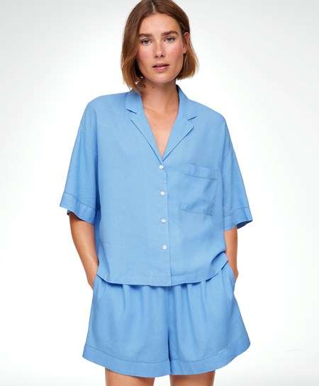 Oysho Linen Corta-sleeved Shirt Blu | 16423-LJZM