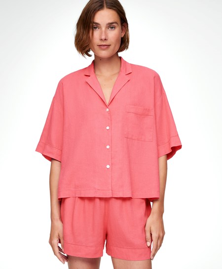 Oysho Linen Corta-sleeved Shirt Corallo Rosa | 01237-ALEI