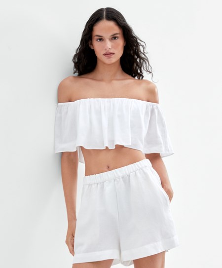 Oysho Linen Off-shoulder Top Bianche | 15342-BWNY