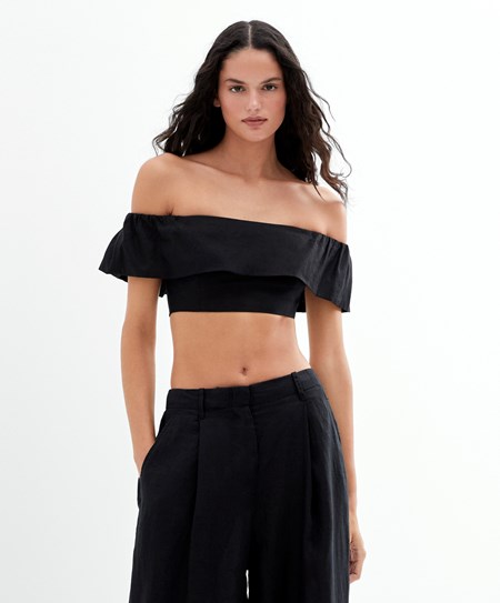 Oysho Linen Off-shoulder Top Nere | 83604-LCSY